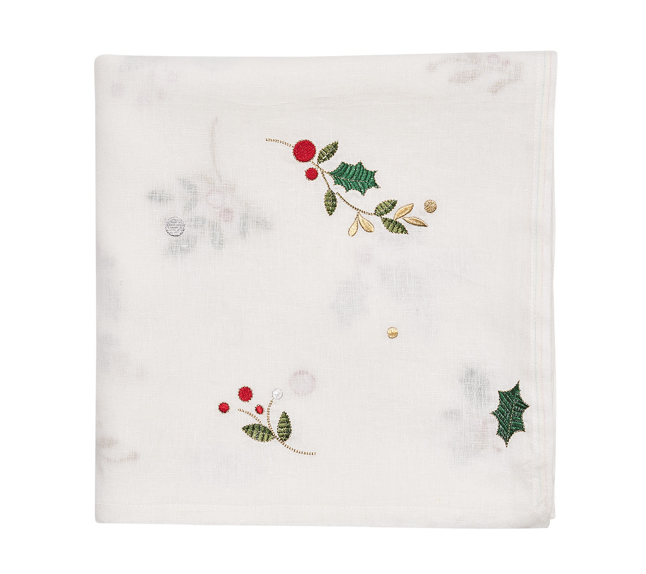 Kim Seybert Luxury Holly Tablecloth in White, Red & Green