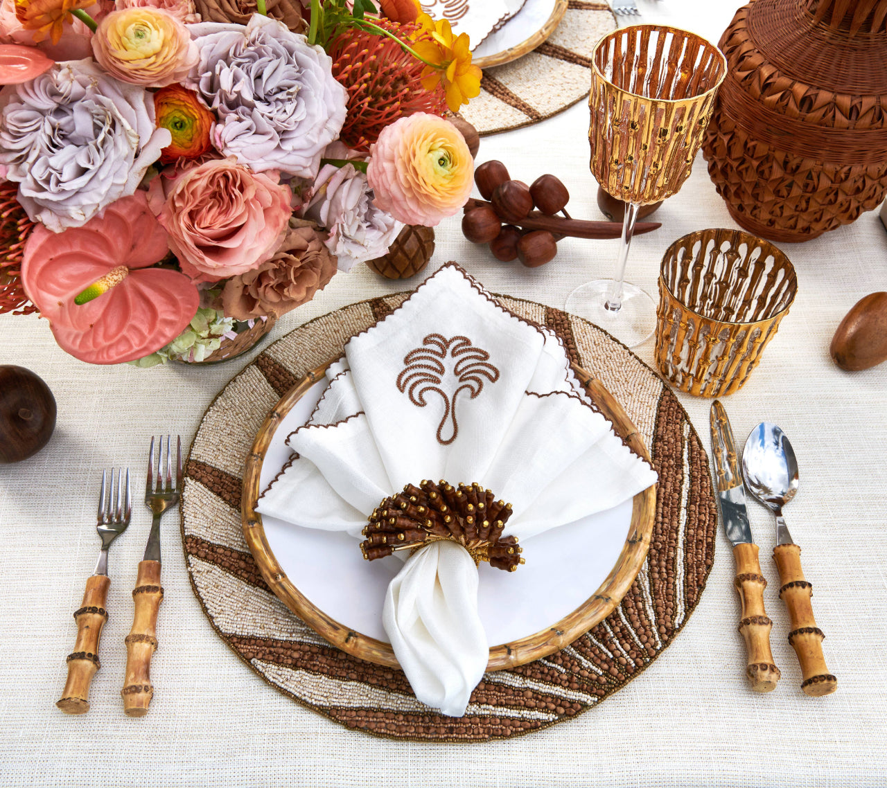 Royal Palm Napkin in White & Brown, Set of 4