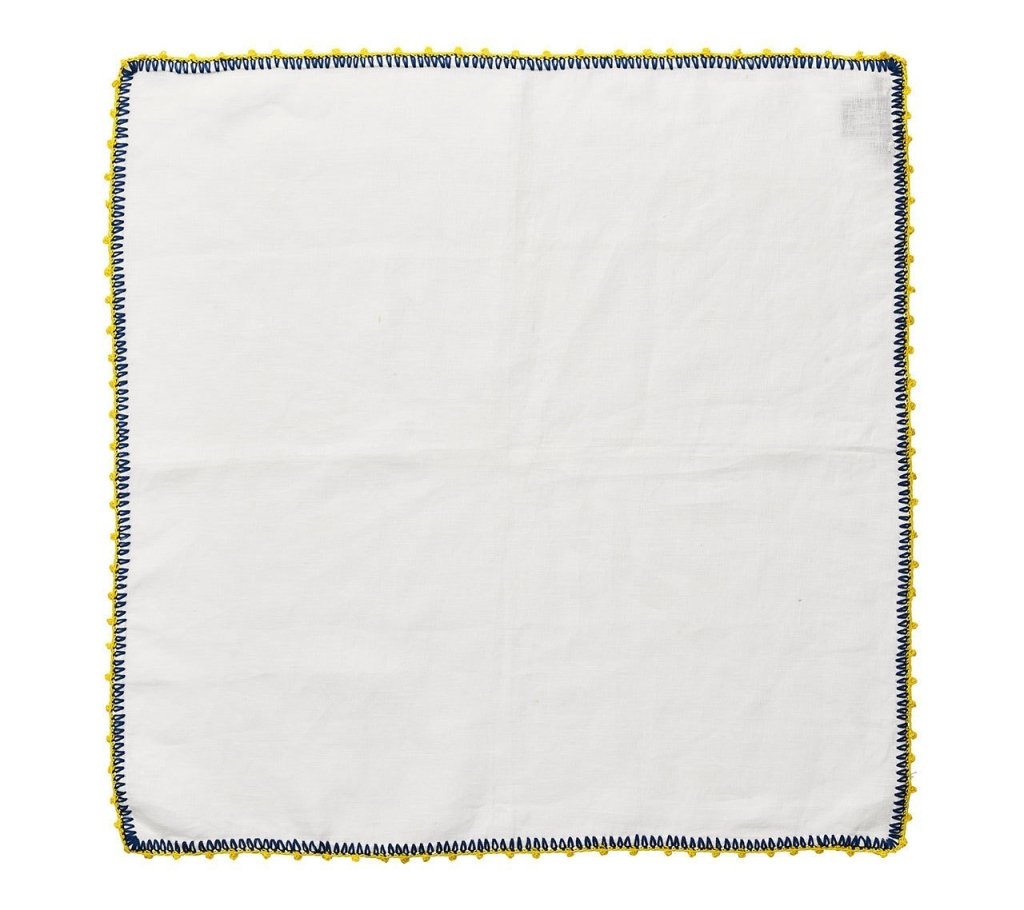 Knotted Edge Napkin in White, Blue & Yellow, Set of 4