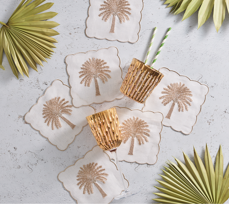 Date Palm Cocktail Napkins in White, Brown & Gold, Set of 6 in a Gift Box