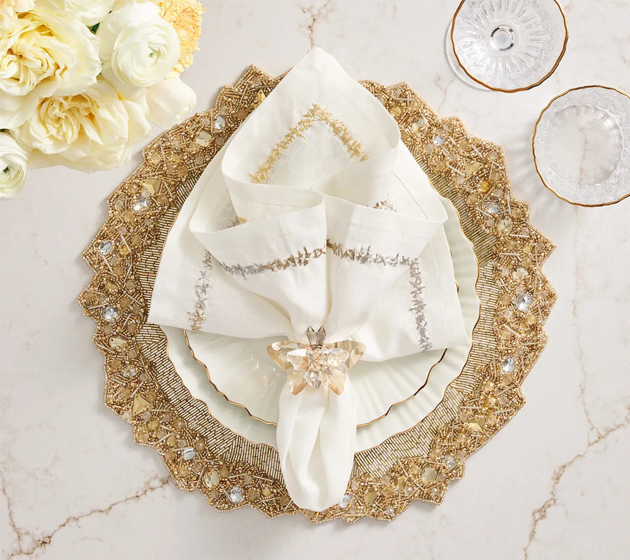 Glasswing Napkin Ring in Champagne & Crystal, Set of 4 in a Gift Box