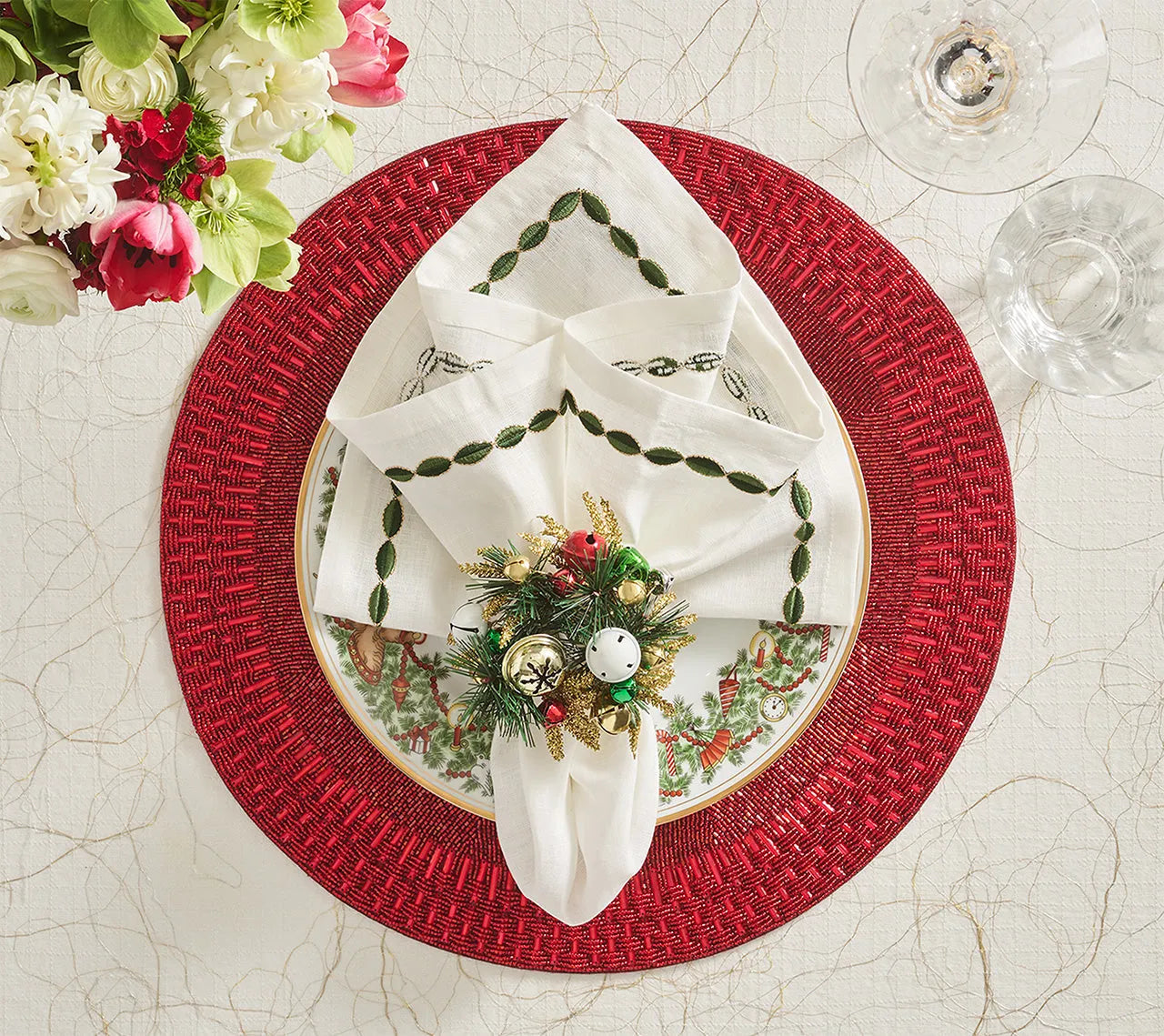 Jingle Bells Napkin Ring in Green, Red & Gold, Set of 4
