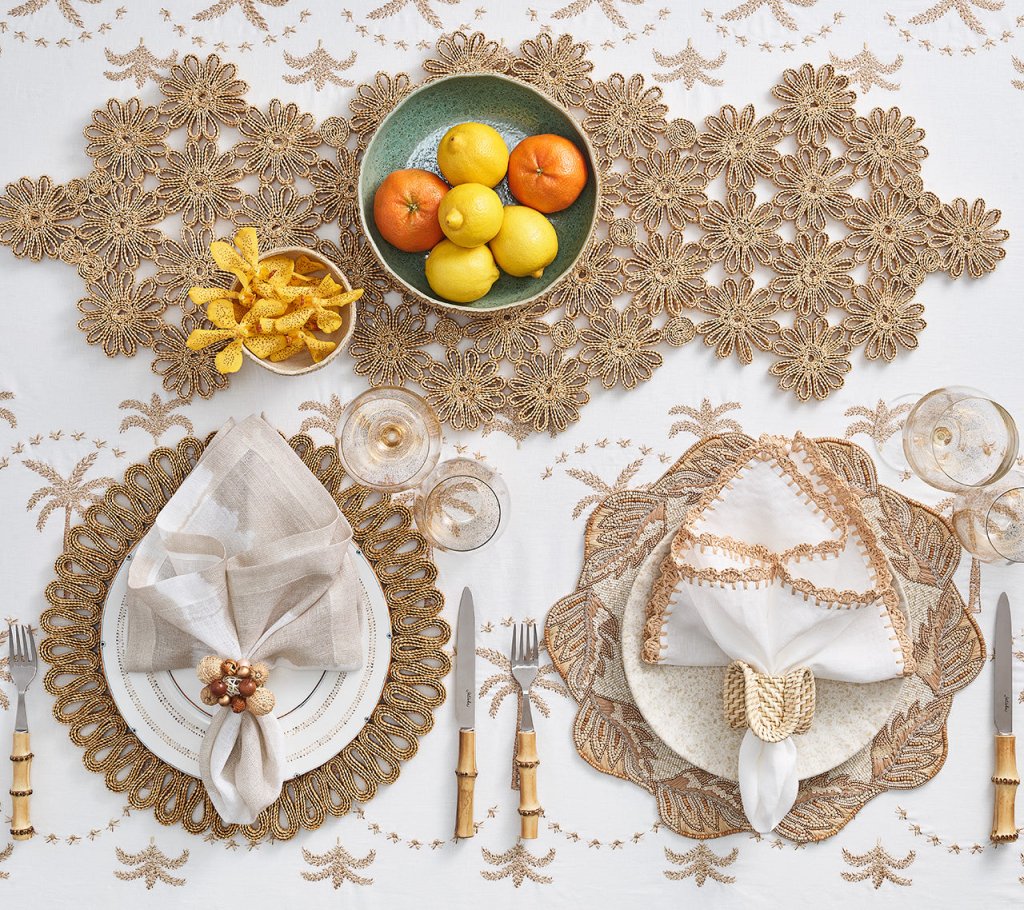 Kim Seybert, Inc.Embroidered Palm Tablecloth in White, Natural & GoldTablecloths