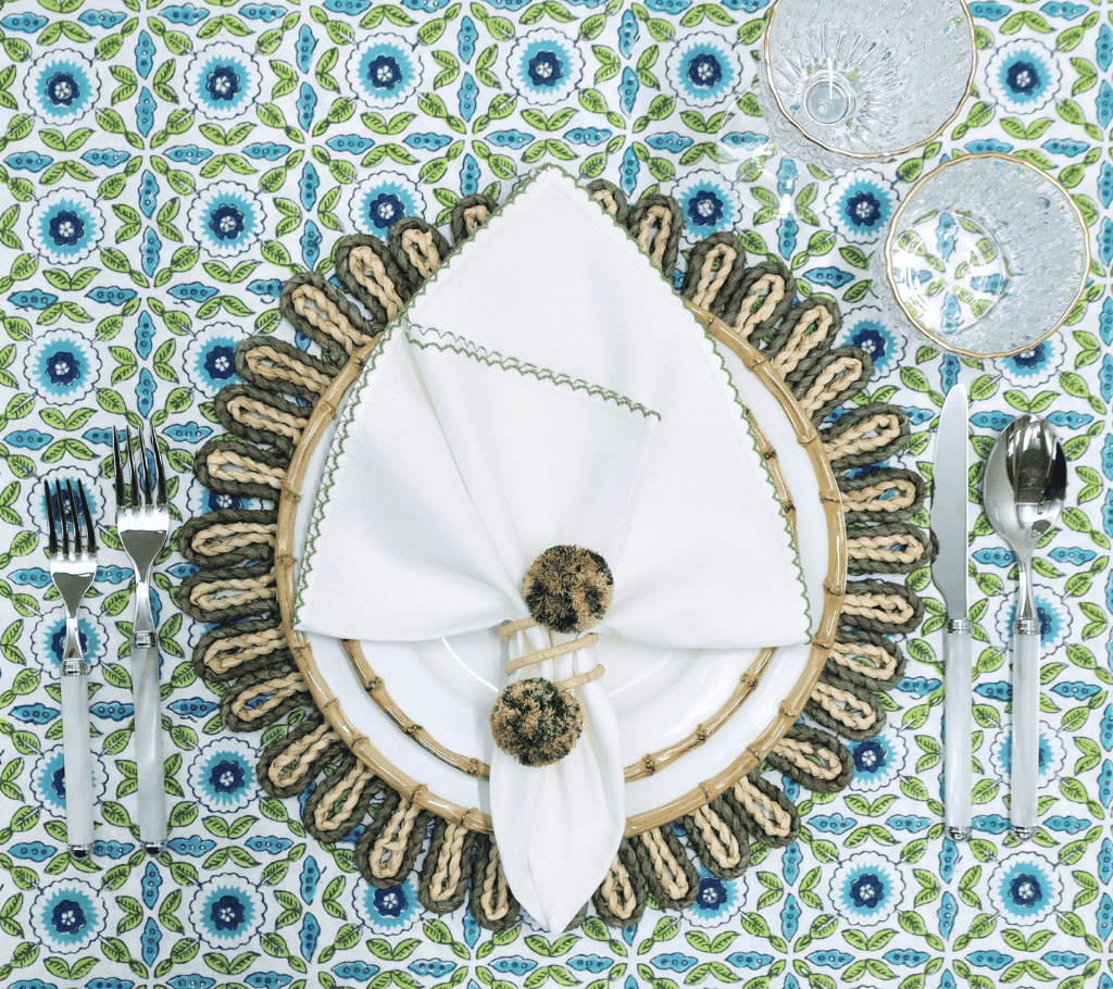 Majorelle Tablecloth in White, Blue & Green