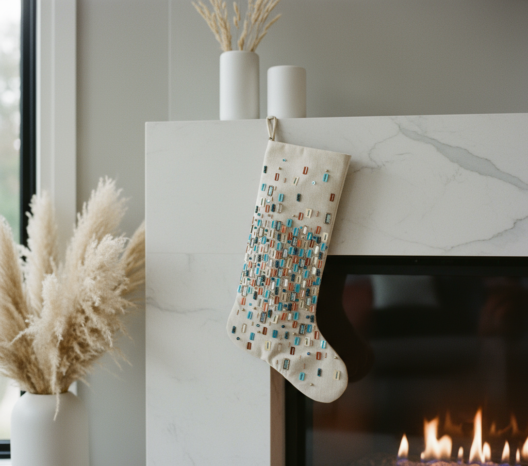 Sample: Reflections Stocking in Gold, Teal, and Copper