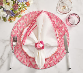 Kim Seybert Luxury Knotted Edge Napkin in White, Pink & Blush with Pink Basketweave Placemat and Pink Seastone Napkin Ring