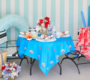 Kim Seybert Luxury Flores Tablecloth in Turquoise & Navy