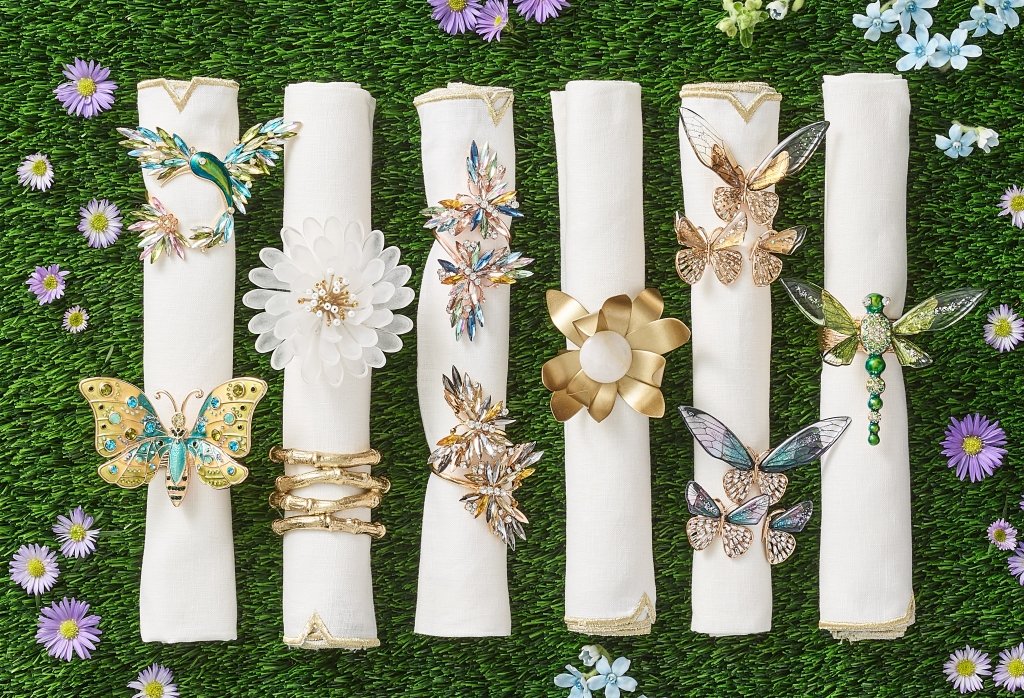 Kim Seybert Spring 2024 Napkin Rings, with the Flutter, Cosmos, Hummingbird, and many more