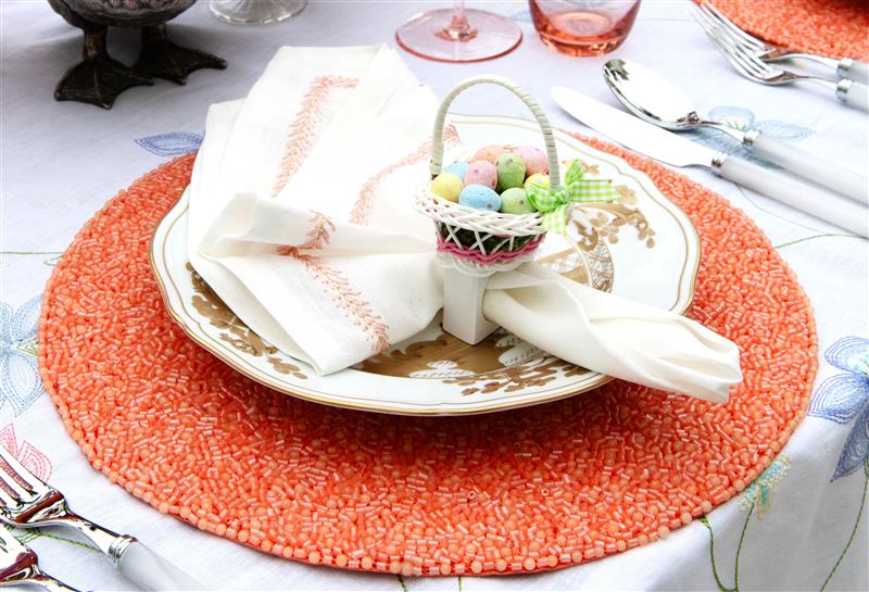 Best Easter brunch table setting with beaded placemats and charming Easter egg napkin ring
