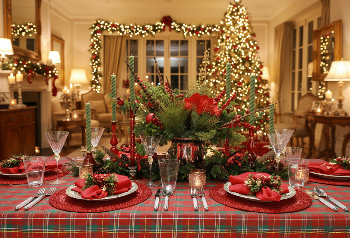 Festive table setting showing how to fold Christmas napkins with rings for holiday dinners.