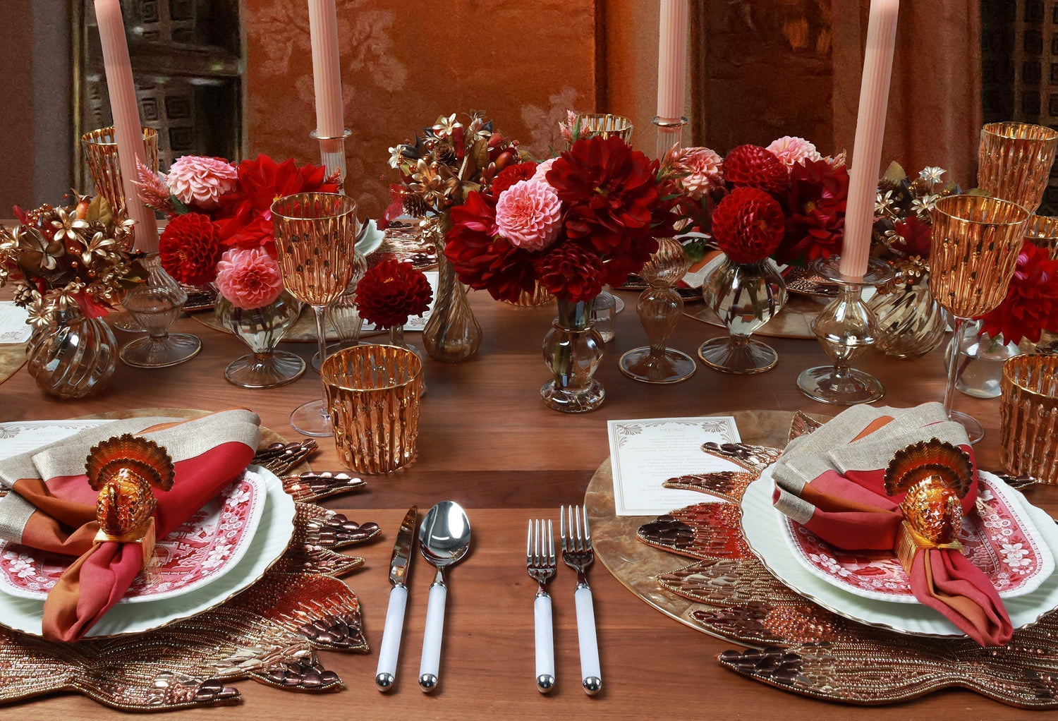 Thanksgiving 2025 tablescape with Kim Seybert luxury placemats, napkins, and fall dining decor.