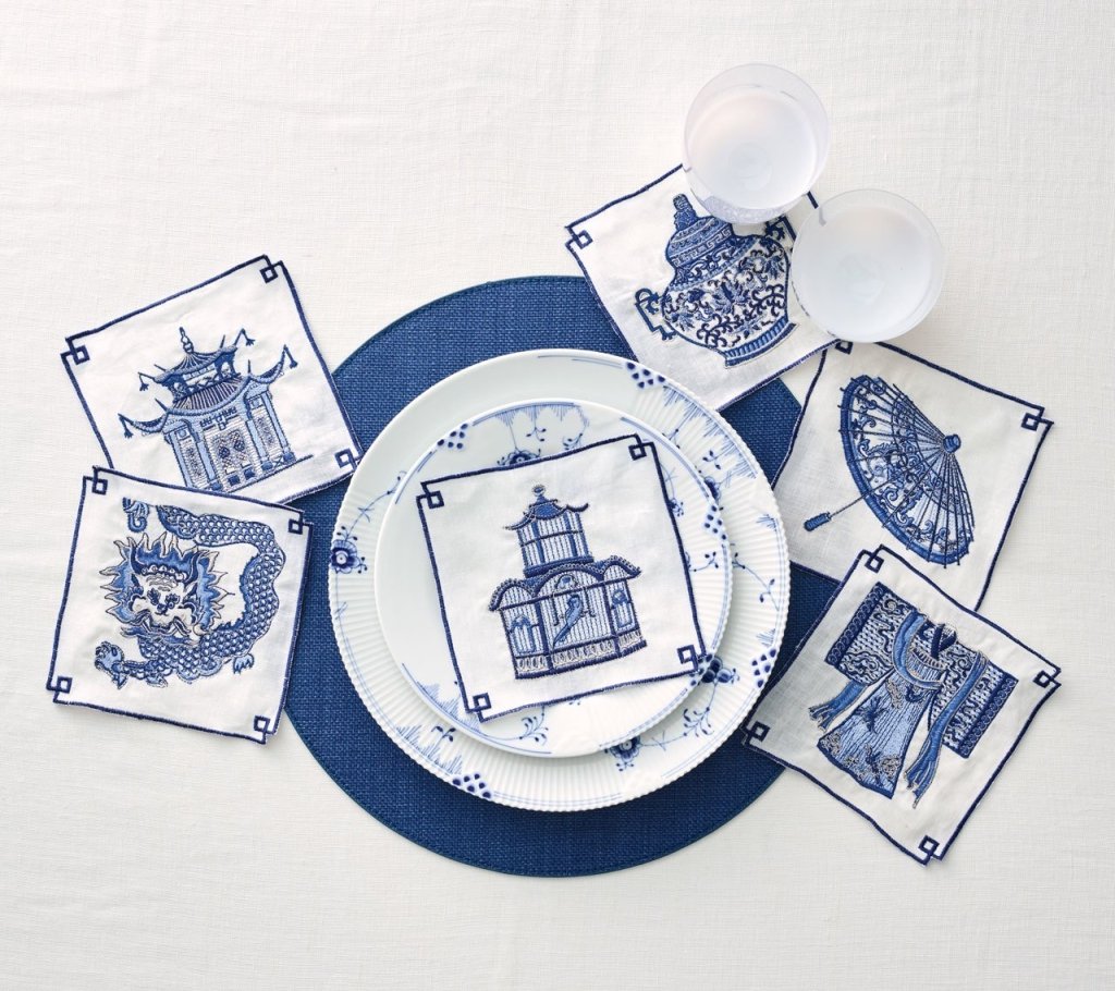 Kim Seybert, Inc.Indochine Cocktail Napkins in White & Blue, Set of 6 in a Gift BoxCocktail Napkins