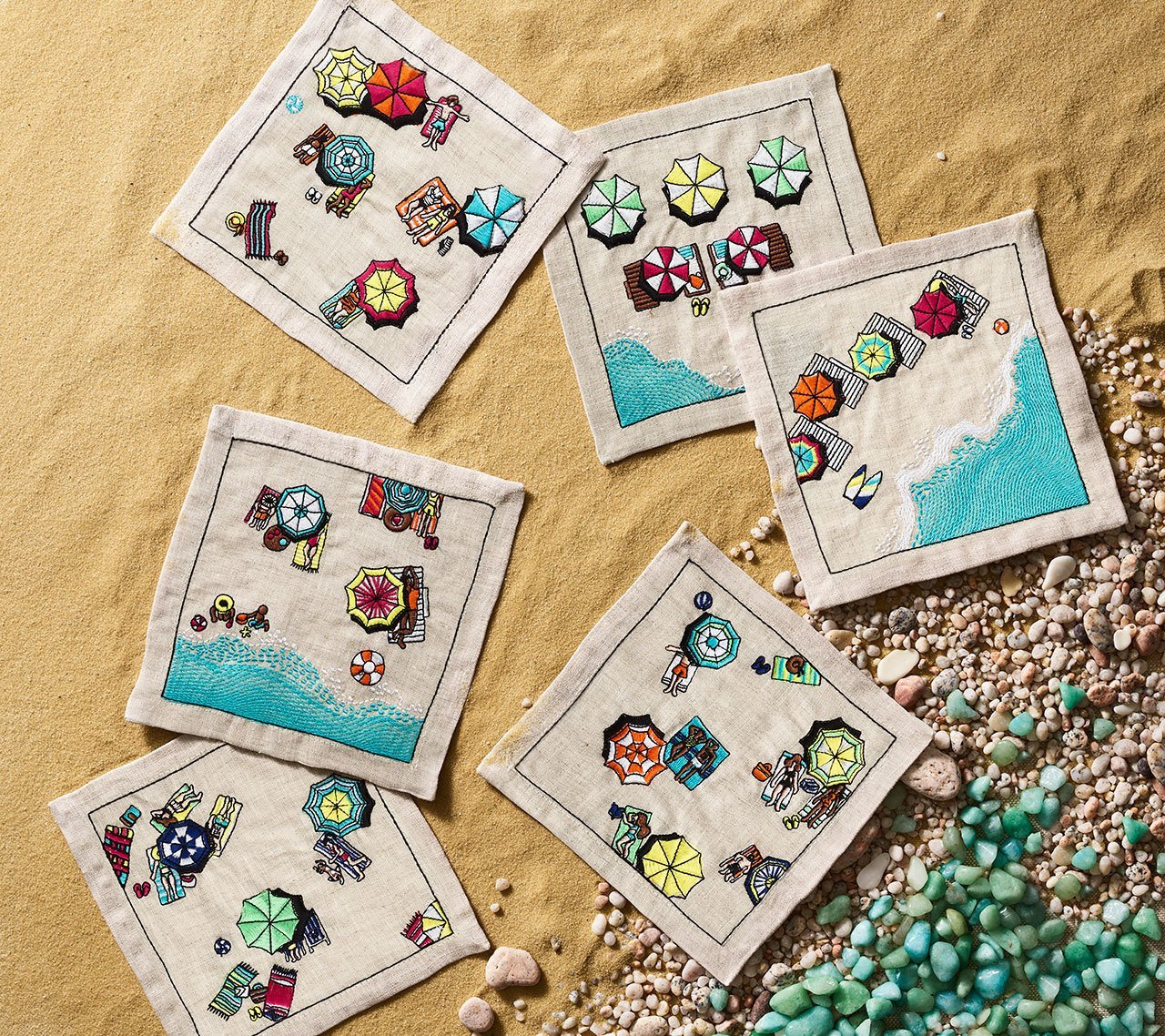 Beach Day Cocktail Napkins in Natural & Multi , Set of 6 in a Gift Box