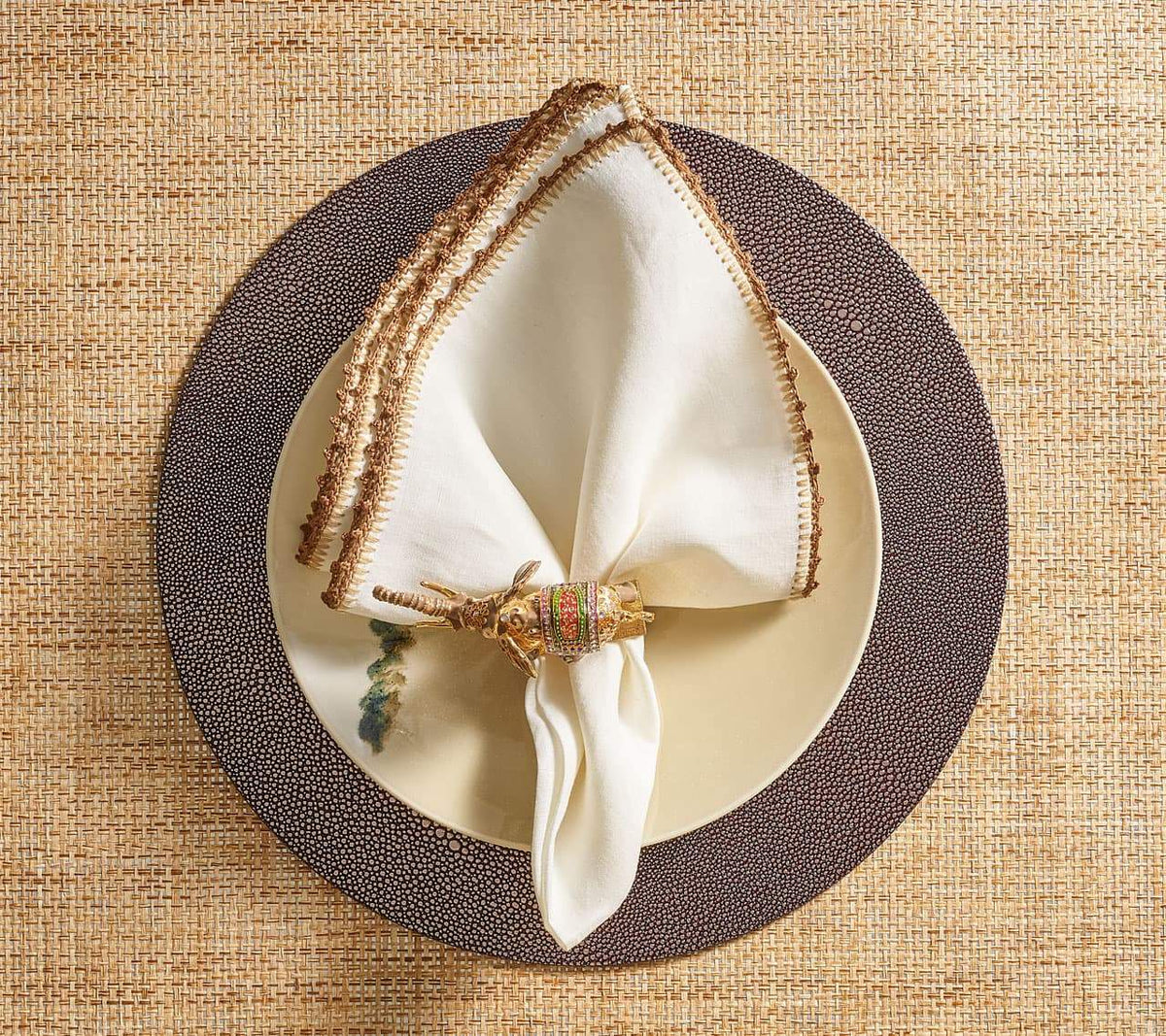 Kim Seybert Luxury Knotted Edge Napkin in White, Natural & Brown with Elephant Napkin Ring