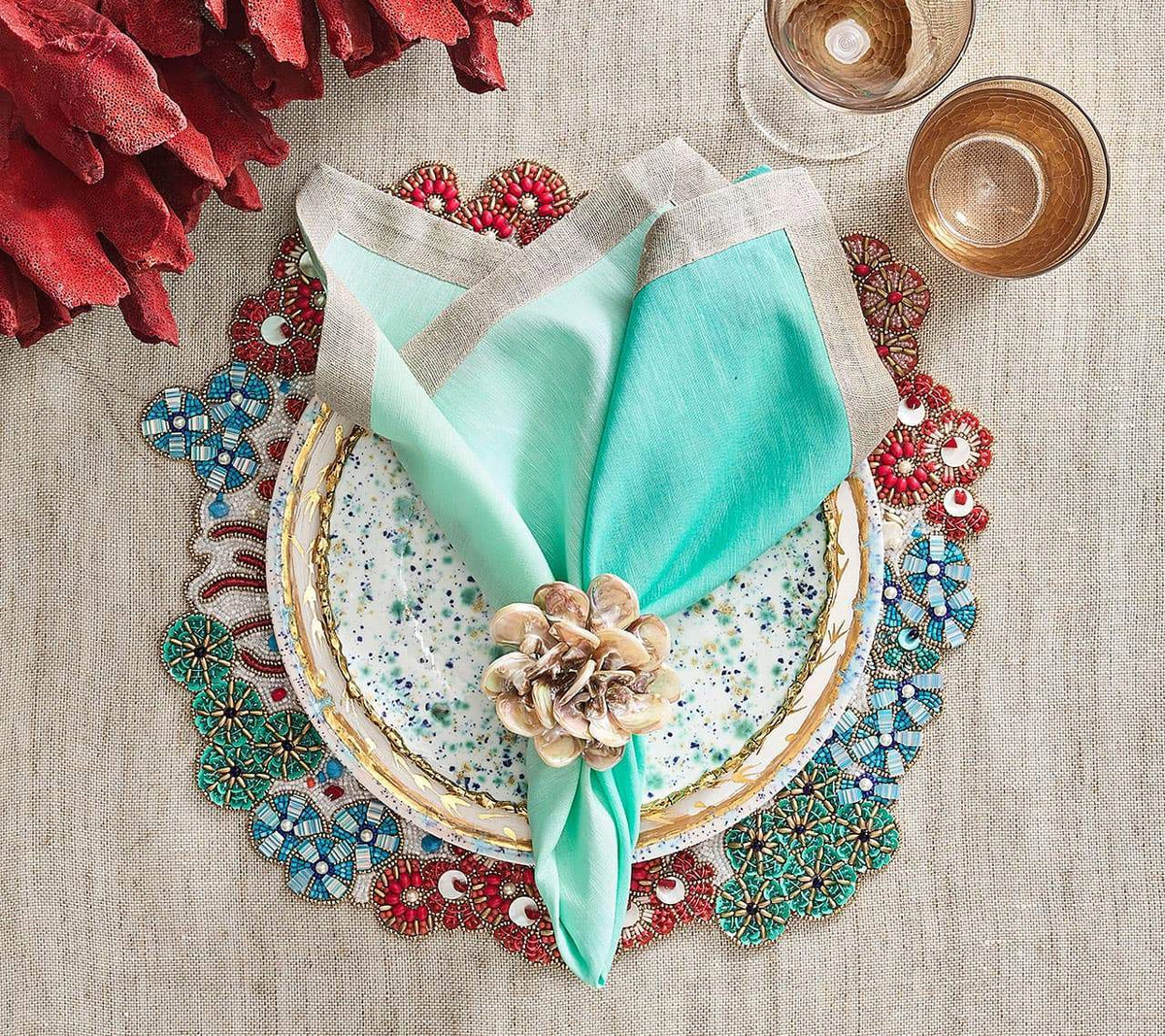 Cozumel Placemat in Turquoise, Coral, & Gold, Set of 2