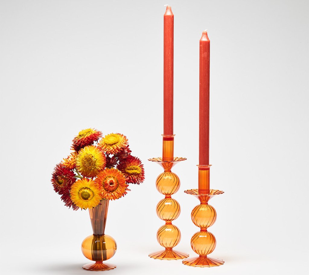 Kim Seybert, Inc.Iris Tall Candle Holder in Amber, Set of 2 in a BoxHome Decor