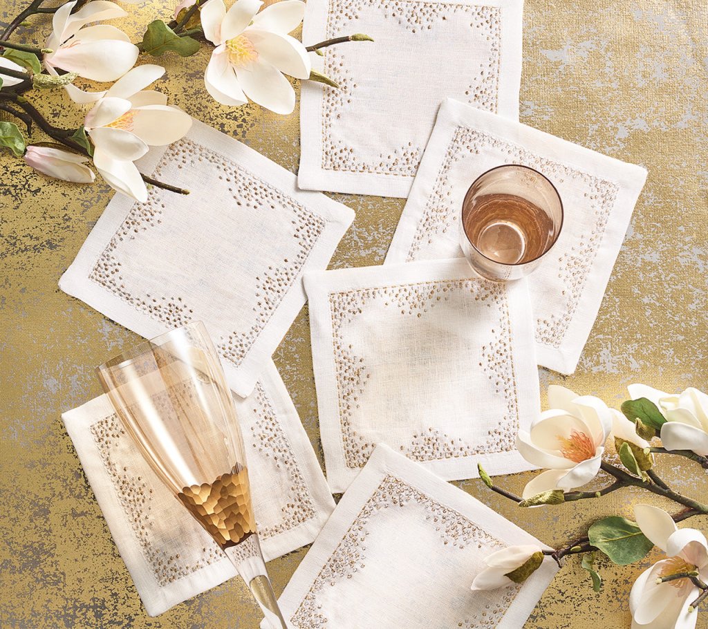 Kim Seybert, Inc.Pin Dot Cocktail Napkins in White, Gold & Silver, Set of 6 in a Gift BoxCocktail Napkins