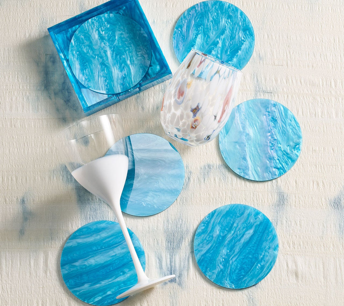 Mirage Drink Coasters in Aqua, Set of 6 in a Caddy
