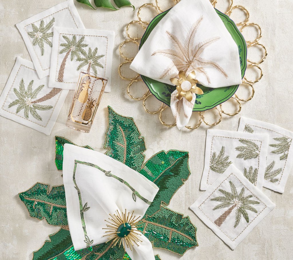 Kim Seybert, Inc.Palm Coast Cocktail Napkin in White, Green & Gold, Set of 6 in a Gift Box Cocktail Napkins