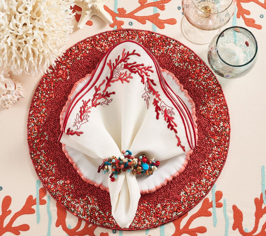 Kim Seybert, Inc.Reef Napkin in White, Coral & Gold, Set of 4Napkins