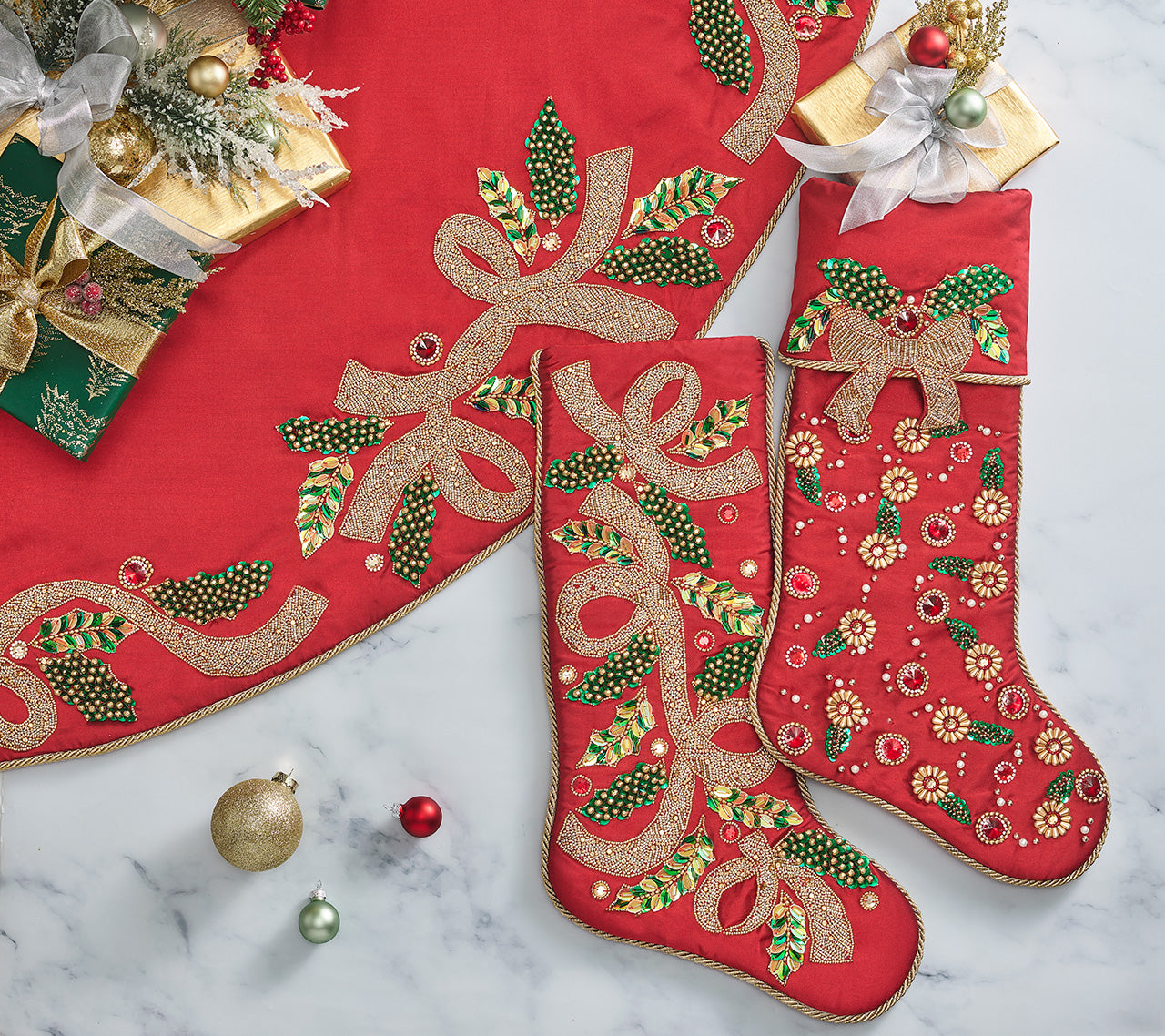 Tidings Tree Skirt in Red, Green & Gold
