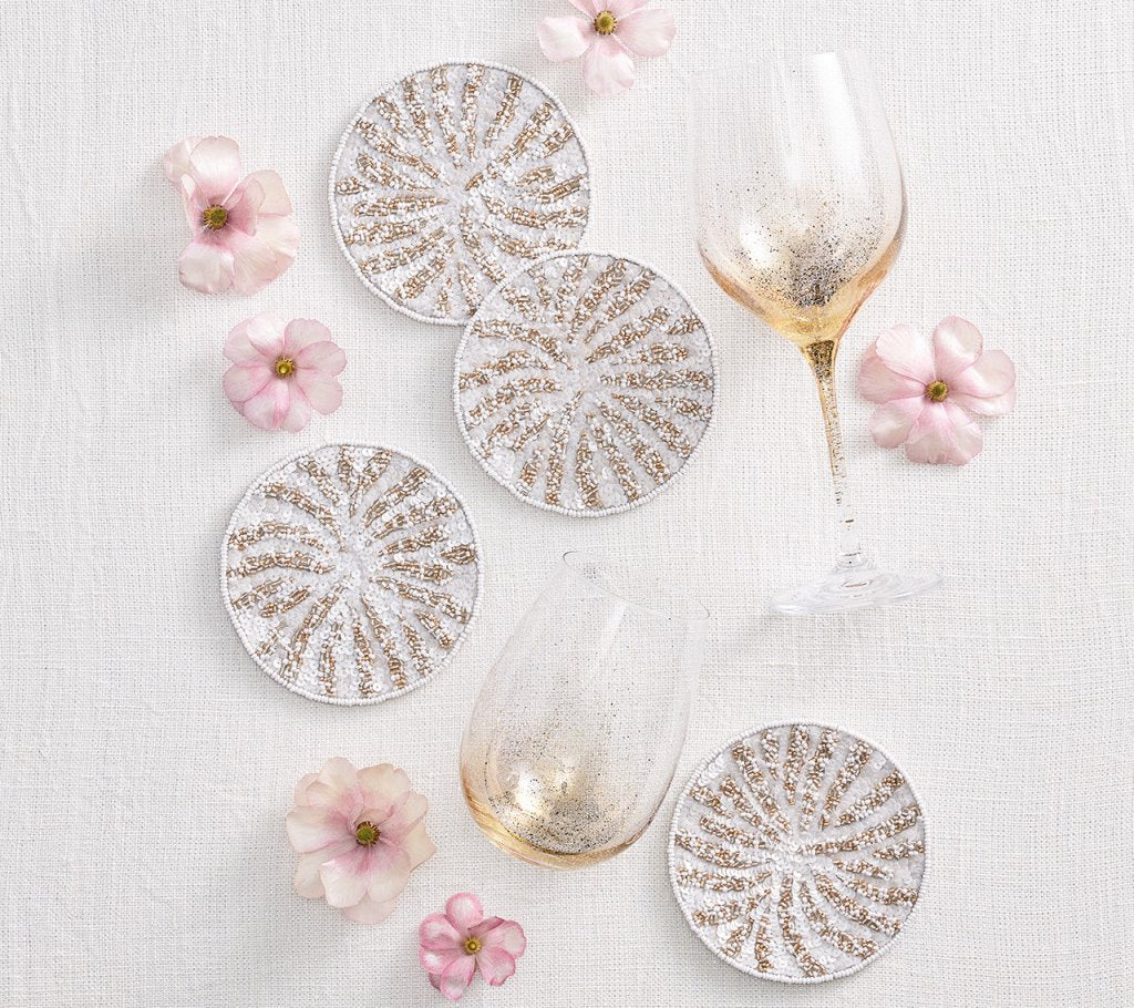 Kim Seybert, Inc.Fireworks Drink Coasters in White, Gold & Silver, Set of 4 in a Gift BagDrink Coasters