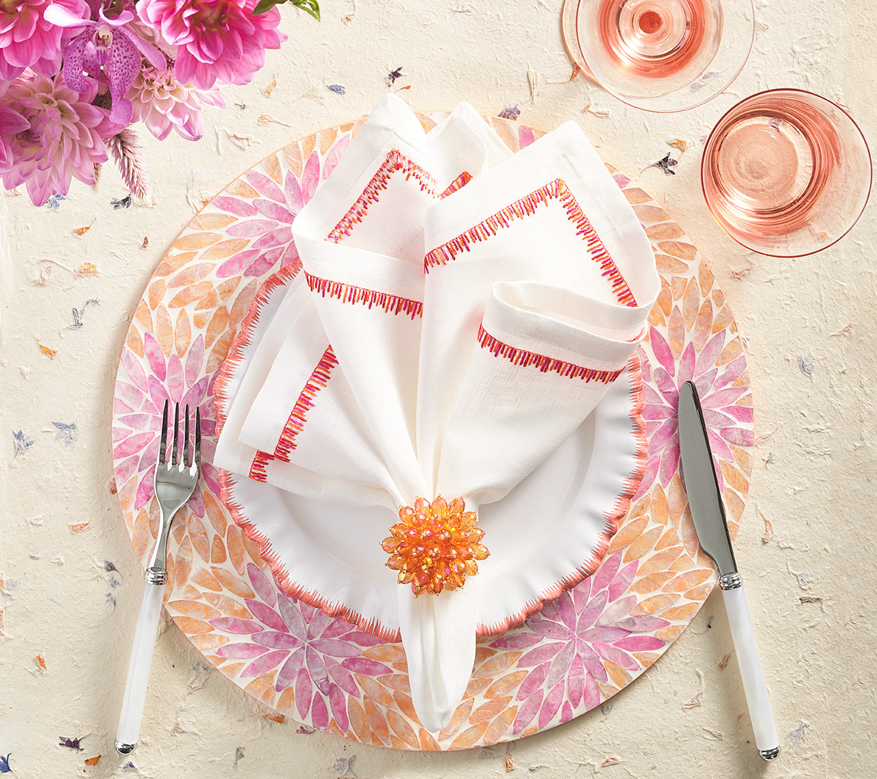 Kim Seybert Luxury Filament Napkin in White, Pink & Orange