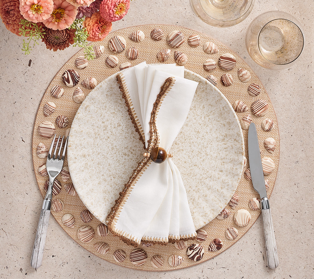 Kim Seybert Luxury Knotted Edge Napkin in White, Natural & Brown with Cabochon Natural brown Placemat and Mineral Napkin Ring