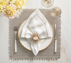 Kim Seybert Luxury Herringbone Napkin in White, Gold & Silver
