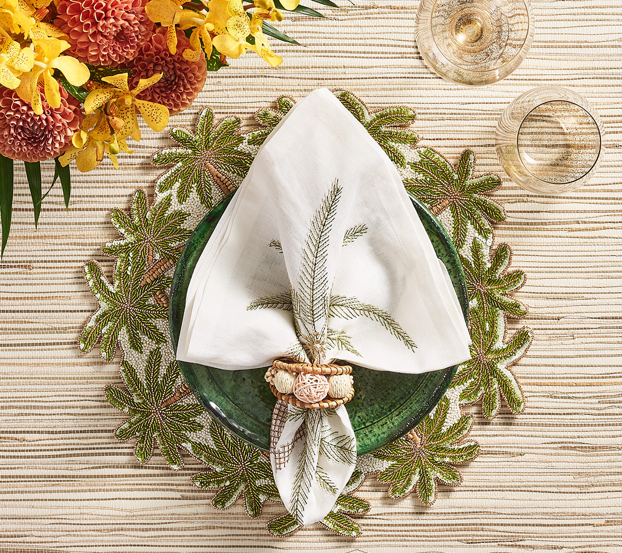 White Palm Coast Napkin with green and gold palm frond