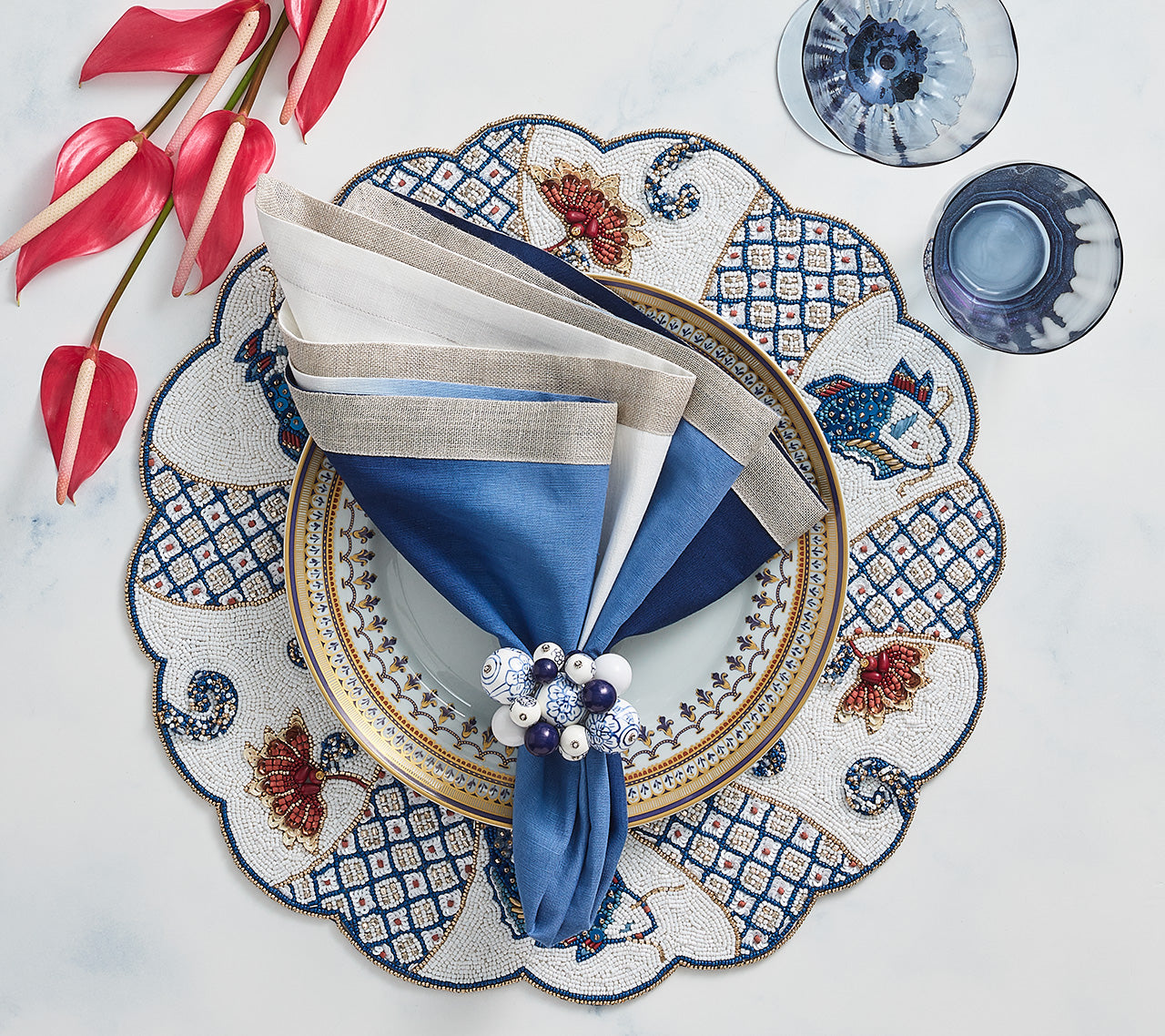 Kim Seybert Luxury Cloud Napkin Ring in White & Blue