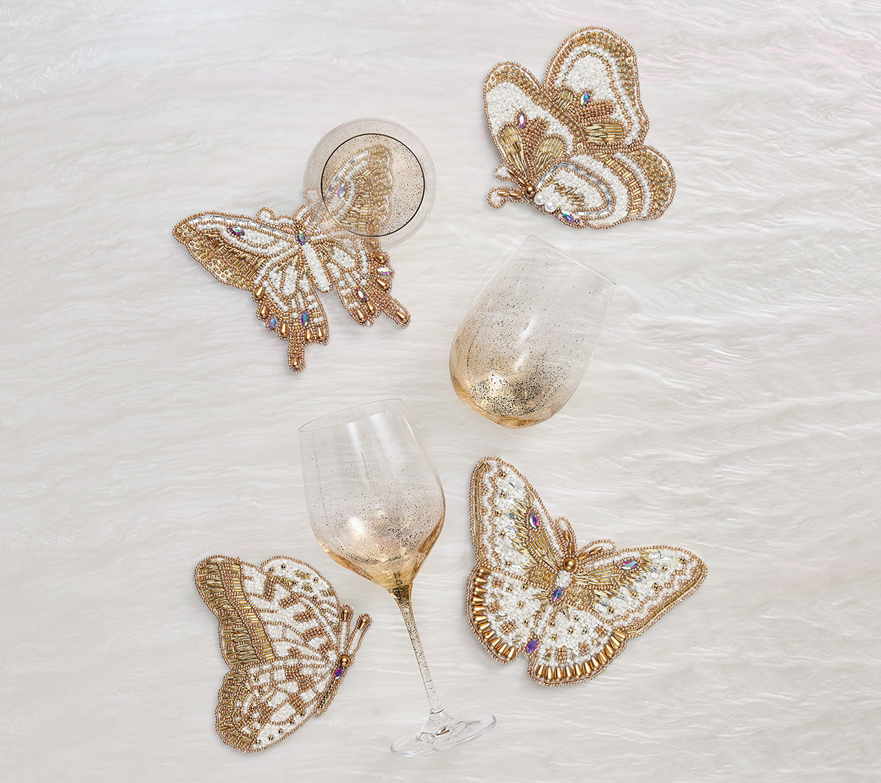 Kim Seybert Luxury Papillon Drink Coasters in Ivory & Gold
