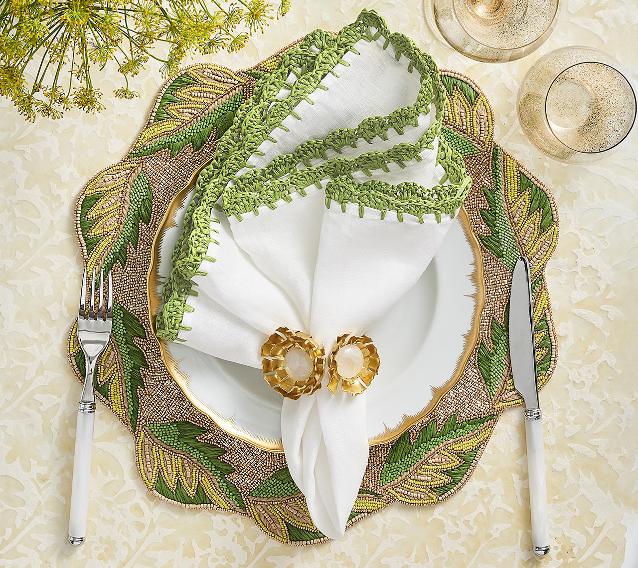 Kim Seybert Luxury Winding Vines Placemat in Green & Gold