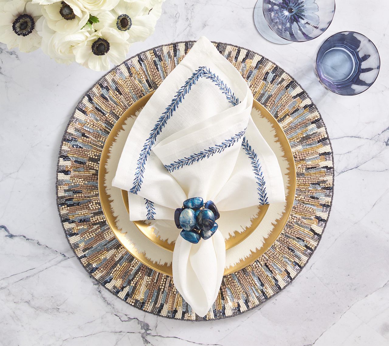 Diadem Placemat in Ivory & Blue, Set of 2