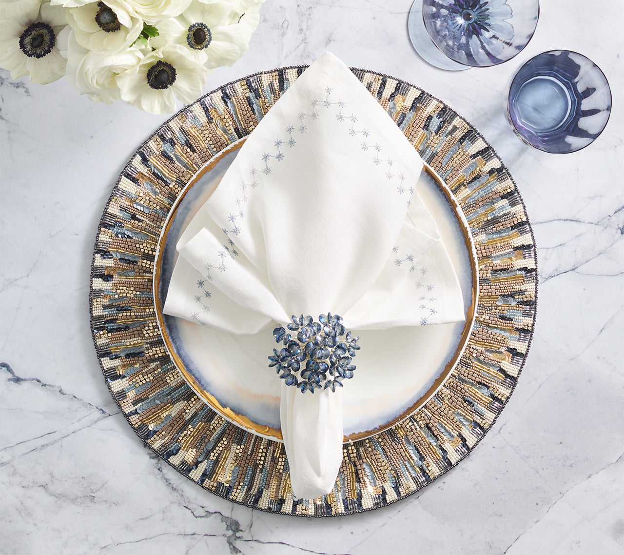 Diadem Placemat in Ivory & Blue, Set of 2