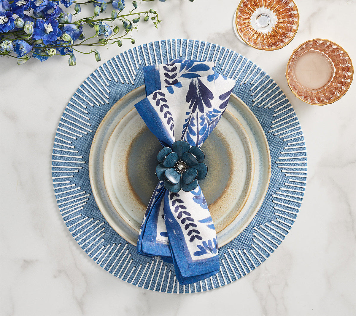 Begonia Napkin Ring in Teal & Silver, Set of 4