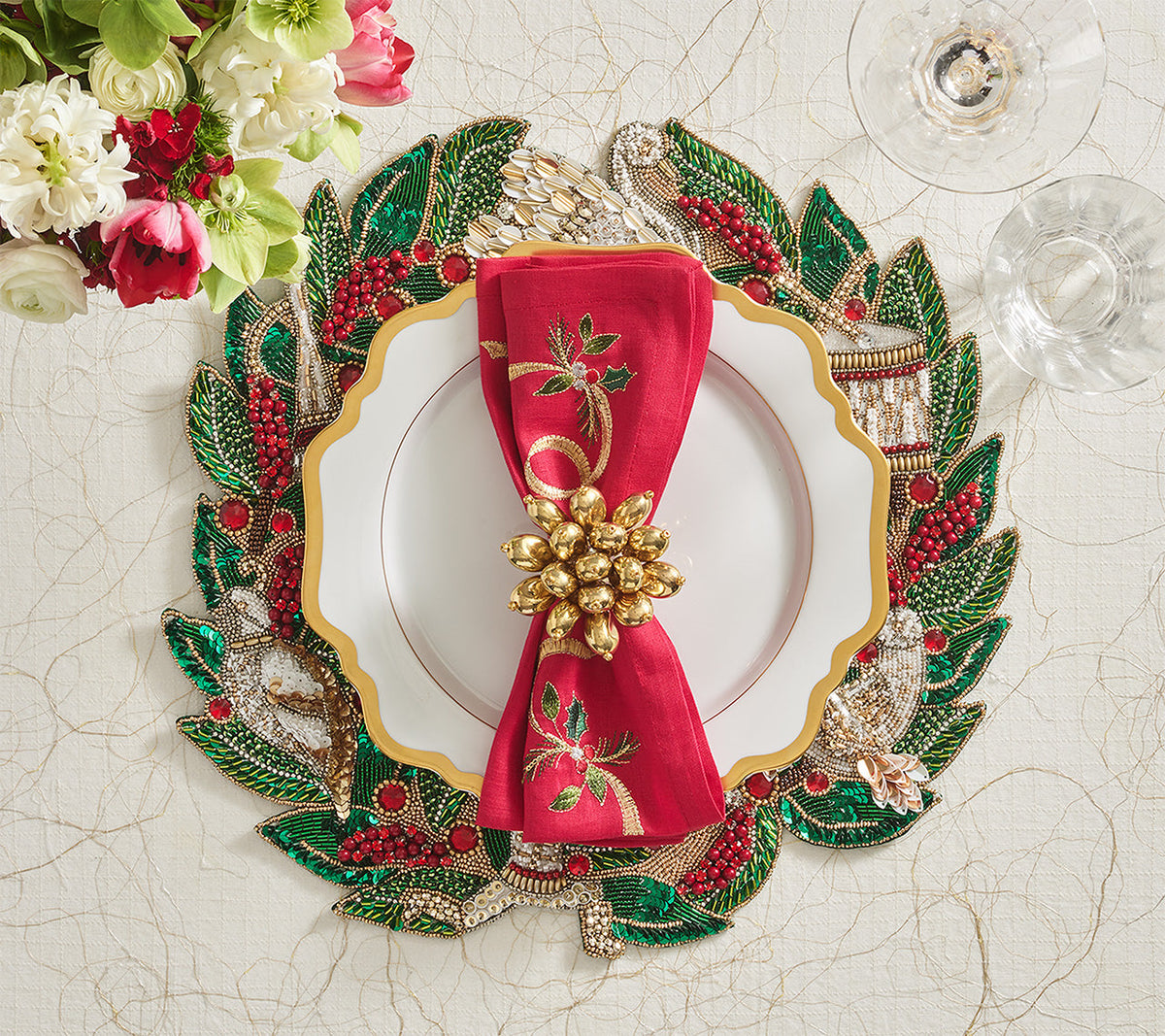 Xmas Ribbon Napkin in Red, Green & Gold, Set of 4