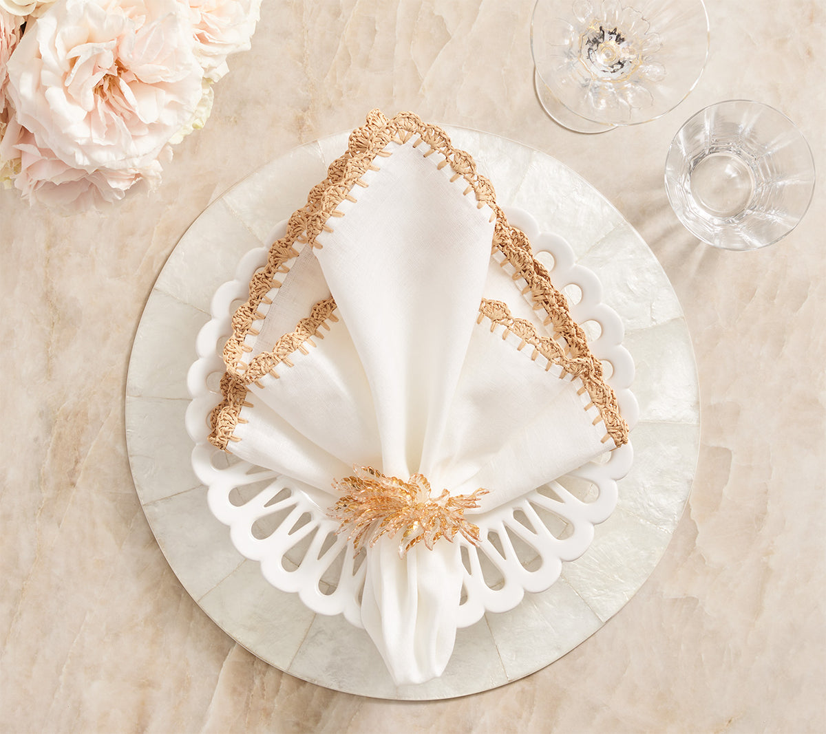 Gold Flower Napkin Rings Set Of 6 - Rhinestone & Pearl Decor, For Weddings, Parties, Holiday Table Setting