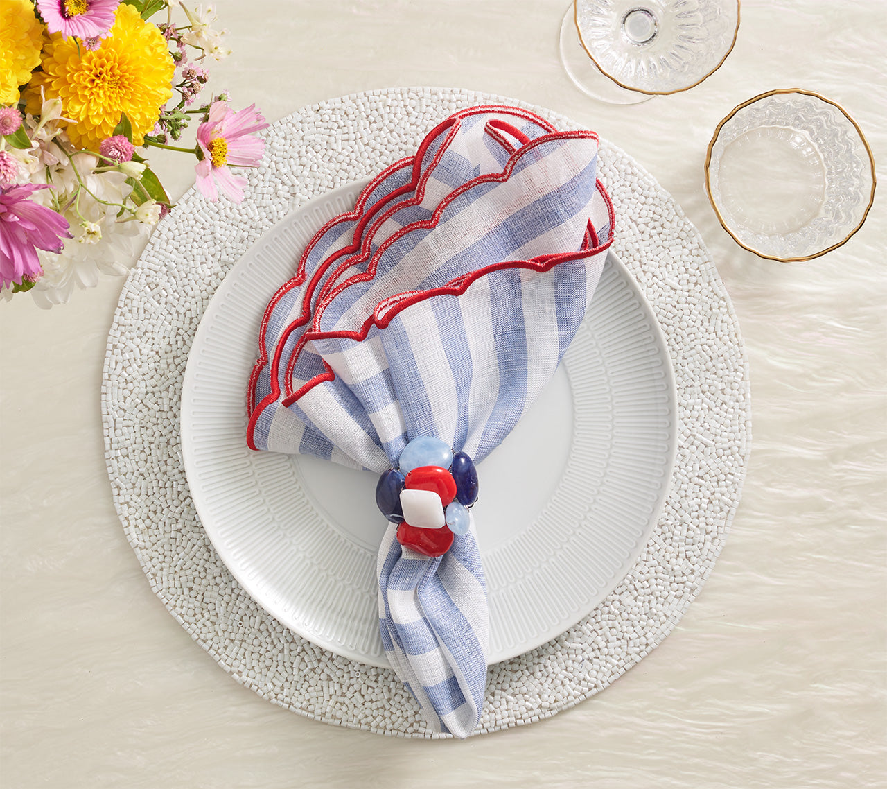 Sea Stone Napkin Ring in Red, White & Blue, Set of 4