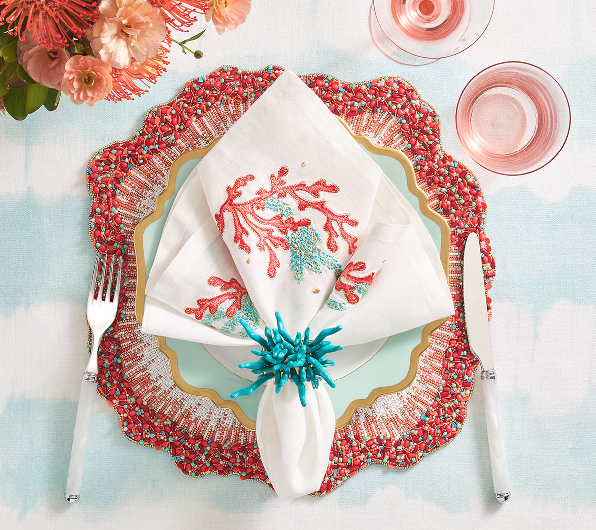 Reef Chic Placemat in White, Coral & Turquoise, Set of 2