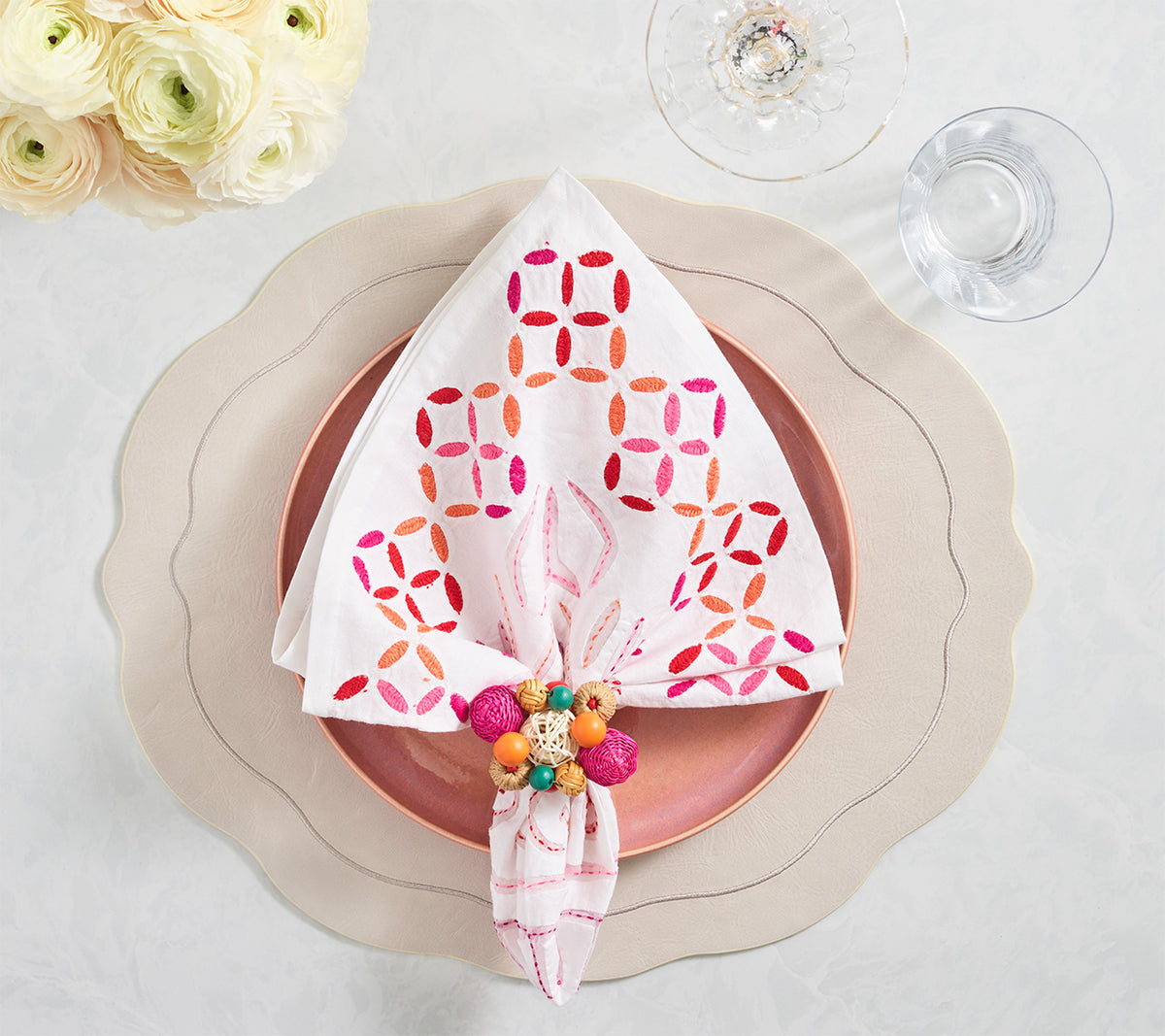 Malta Napkin in White, Pink & Orange, Set of 4