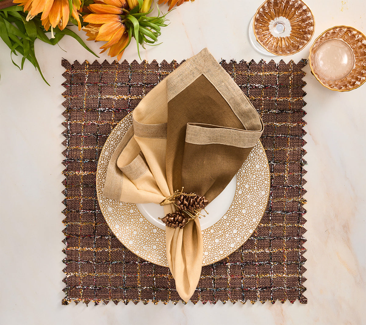 Gilded Pine Napkin Ring in Brown & Gold, Set of 4