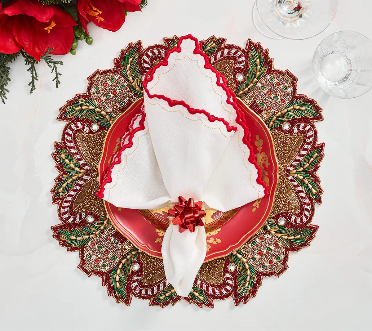 Holiday Bow Napkin Ring in Red & Gold, Set of 4 in a Gift Box