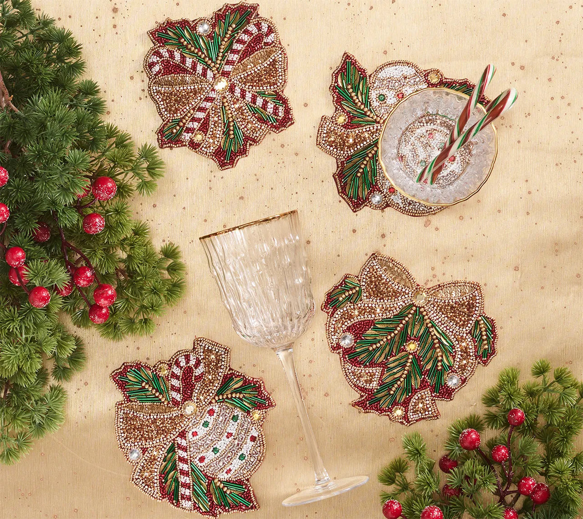 Candy Cane Bow Drink Coasters in Red, Green & Gold, Set of 4 in a Gift Bag