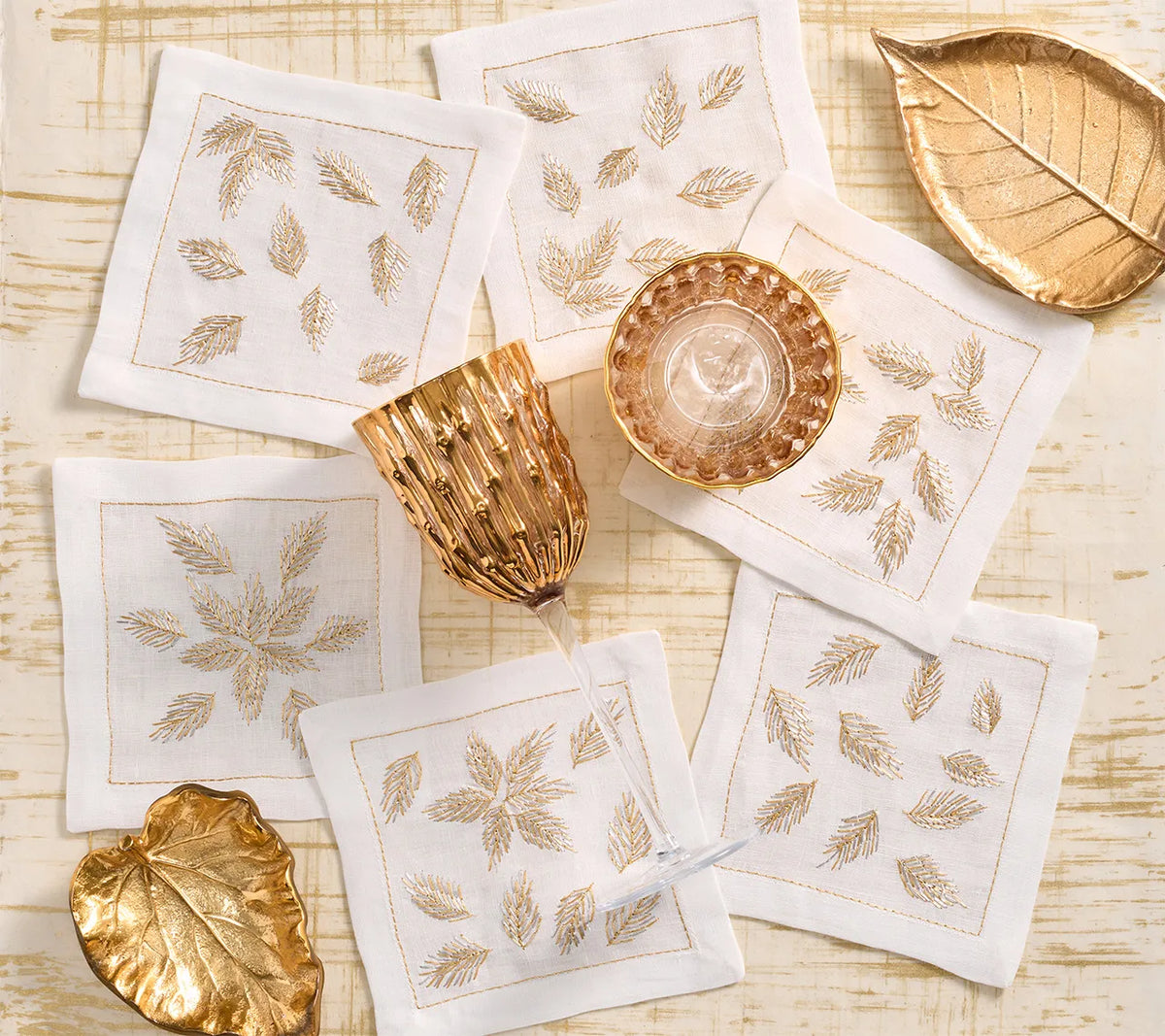 Gilded Breeze Cocktail Napkins in White, Gold & Silver, Set of 6 in a Gift Box