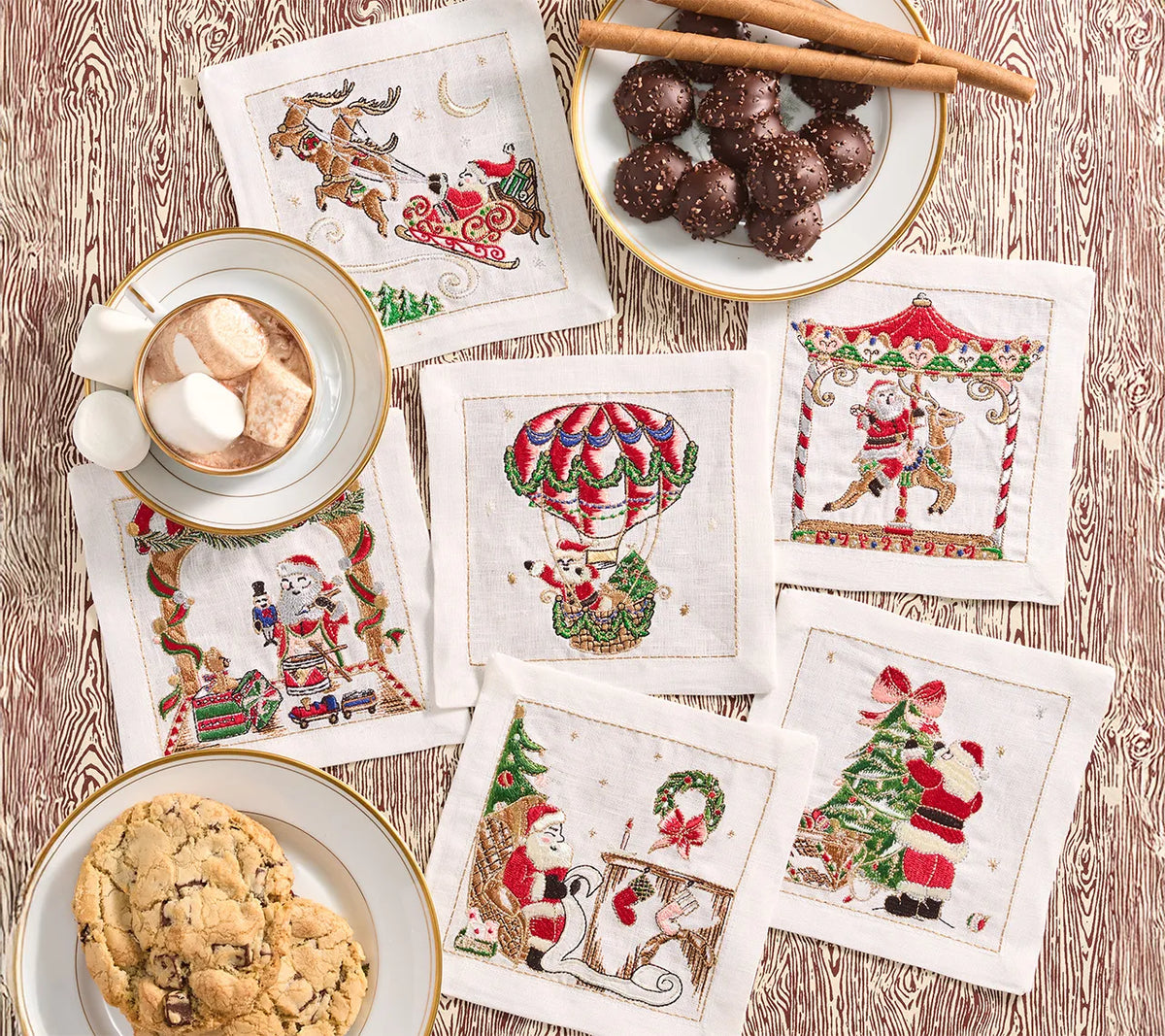 Santa Cocktail Napkins in White & Multi, Set of 6 in a Gift Box