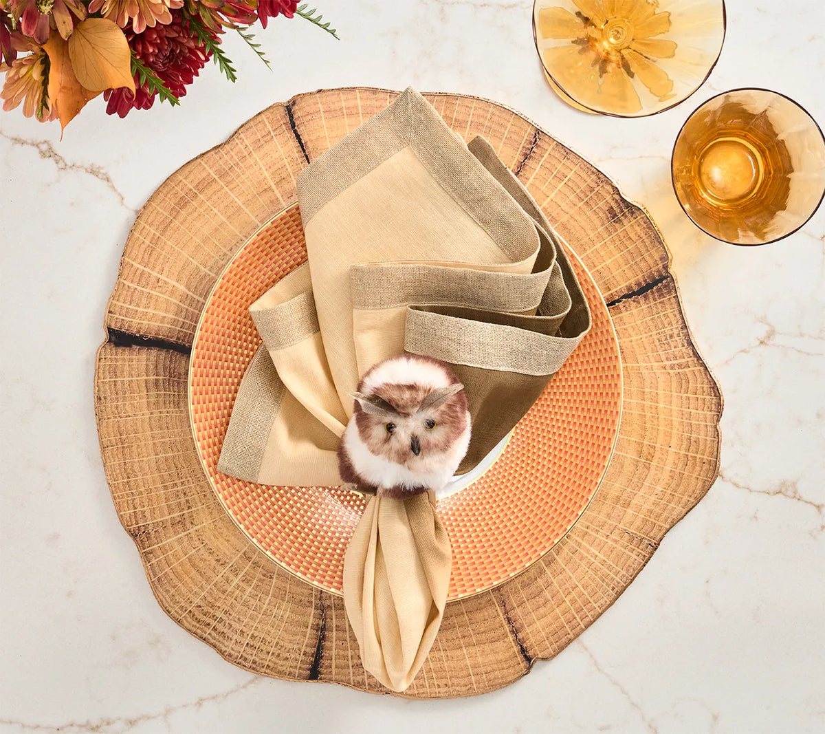 Owl Napkin Ring in White & Brown, Set of 4