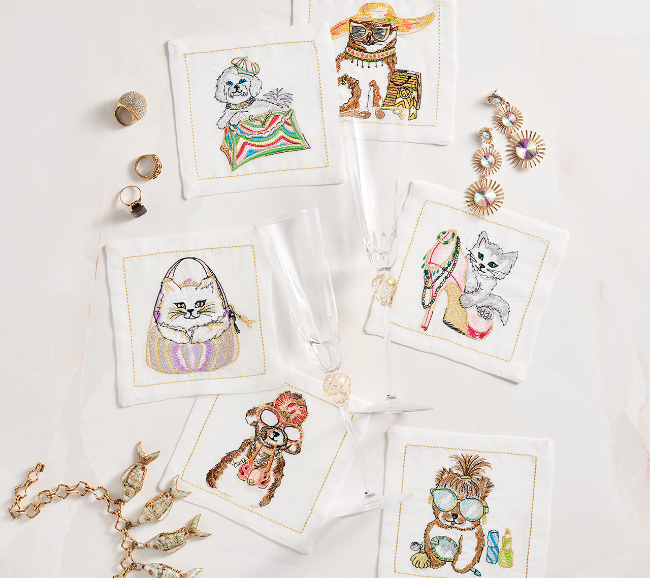 Diva Pets Cocktail Napkins in White & Multi, Set of 6 in a Gift Box