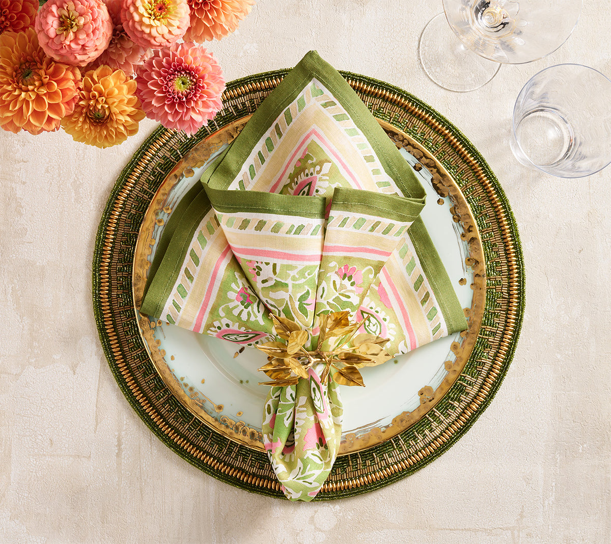 Mira Napkin in Green & Pink, Set of 4