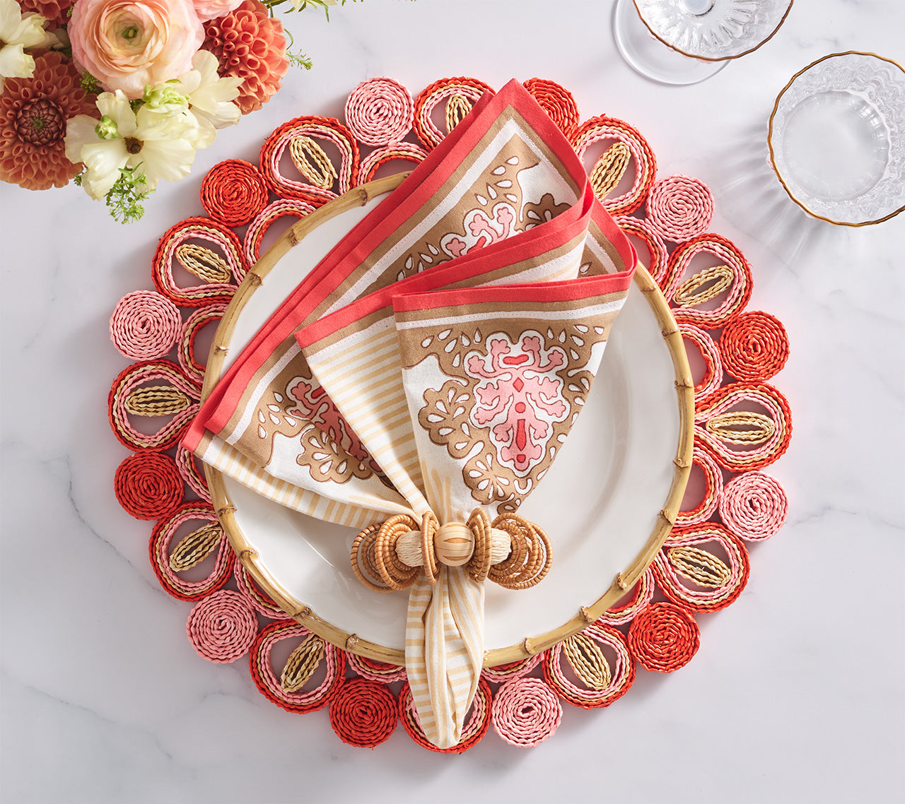 Filigree Napkin in White, Coral & Brown, Set of 4